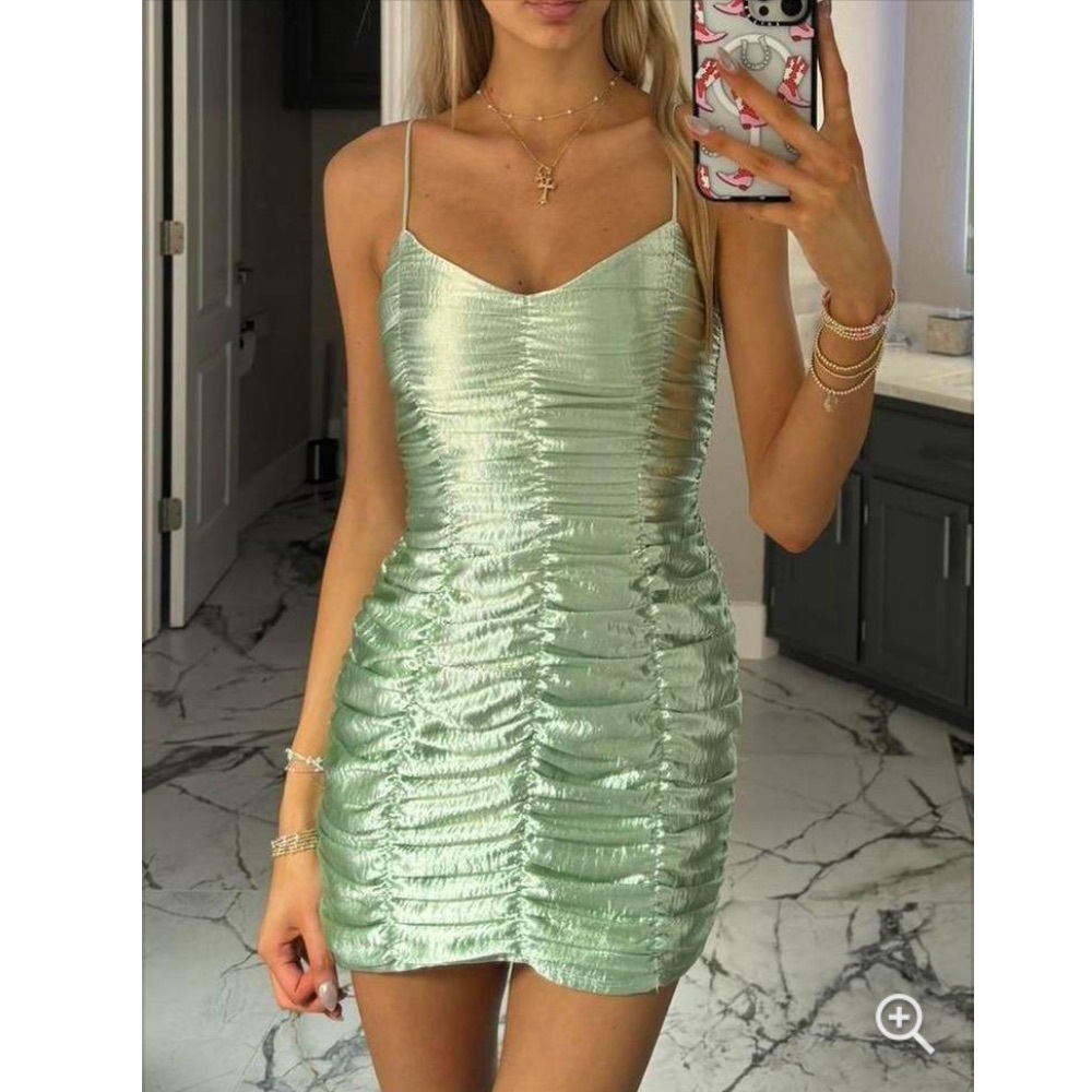 Lucy in the Sky Green Ruched Spaghetti Strap Mini